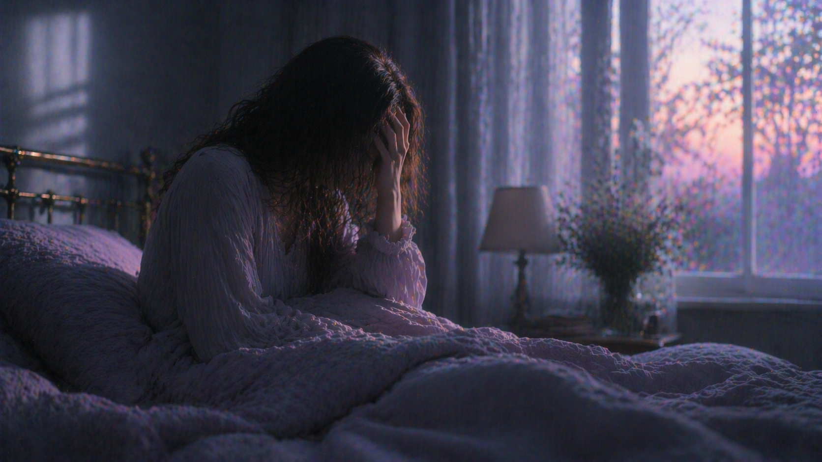 자다 식은땀 흘리며 깼을 때의 불안과 몸의 긴장을 떠올리게 하는 이미지