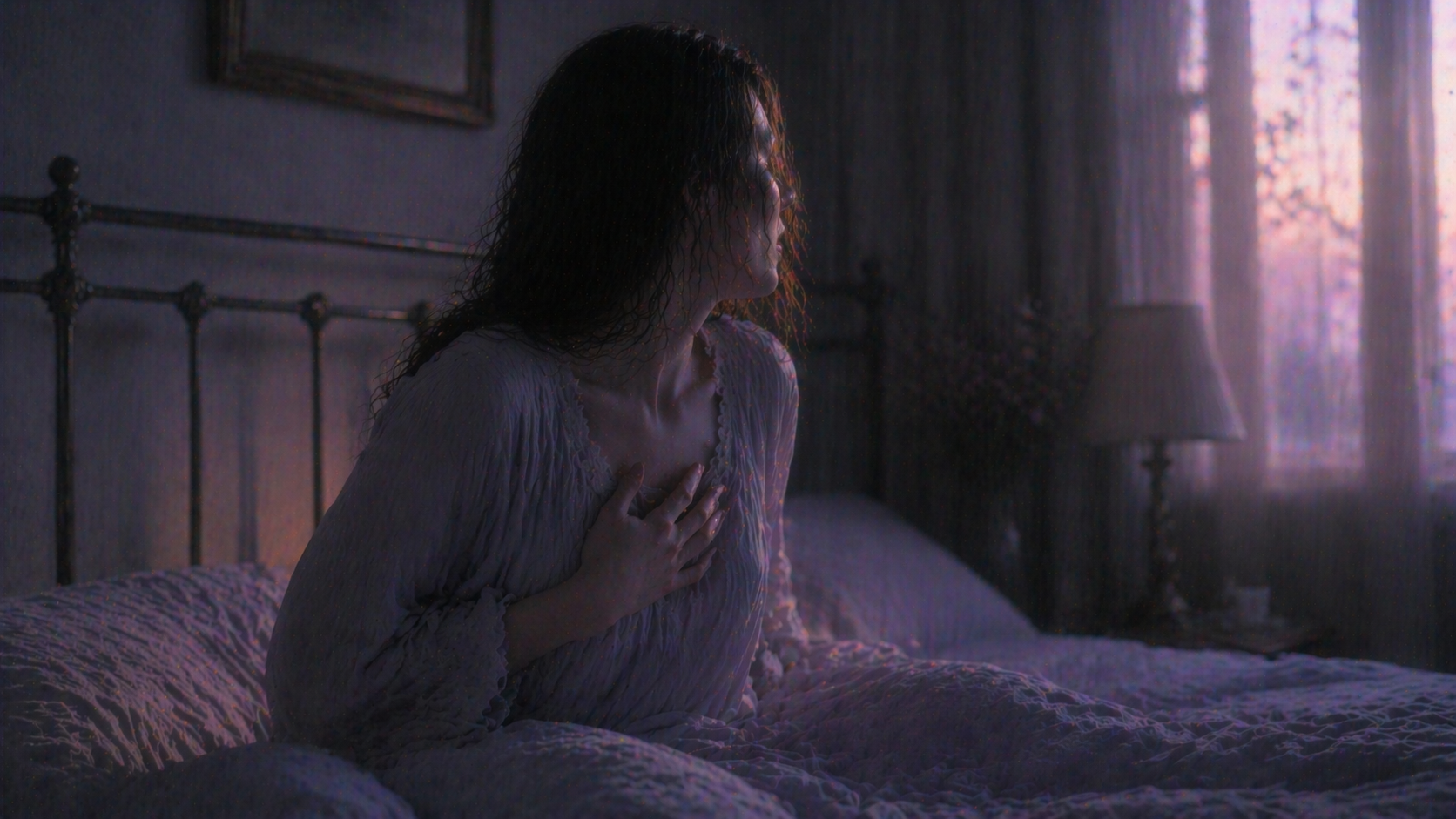 자다 심장이 빨리 뛰면서 깼을 때의 놀람과 긴장을 떠올리게 하는 이미지